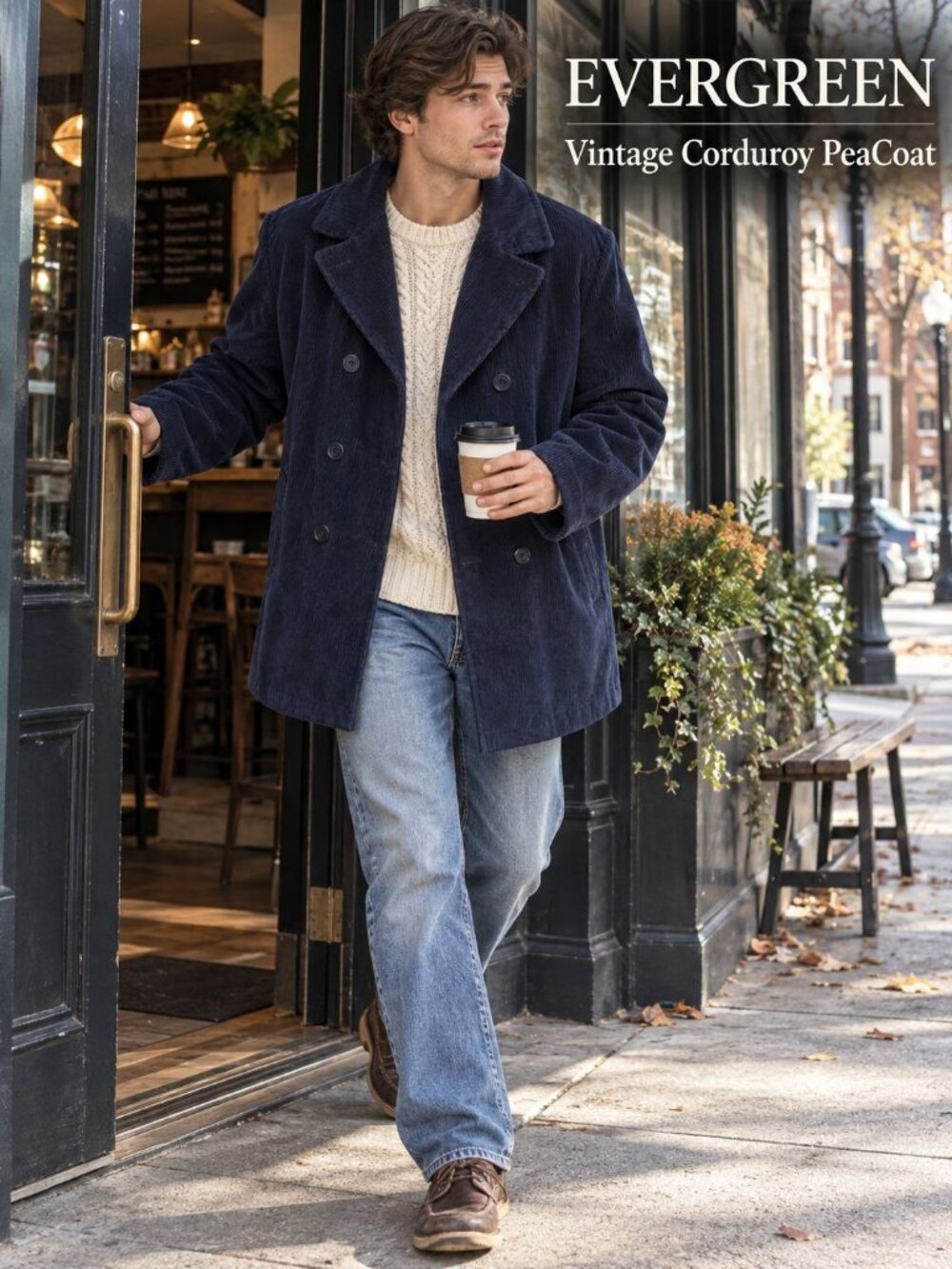 VTG 80s Evergreen Melton PeaCoat L Navy Corduroy Double Breasted Preppy Jacket